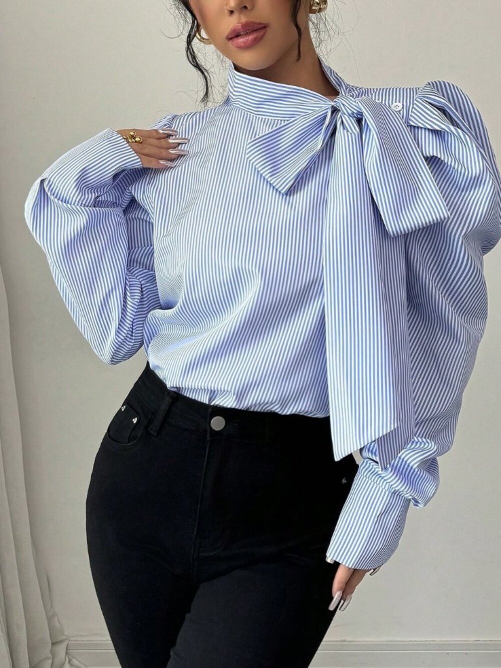 Blue Elegant Women's Bowknot Gigot Sleeve Striped Casual Long Sleeve Shirt - Picture 6 of 6